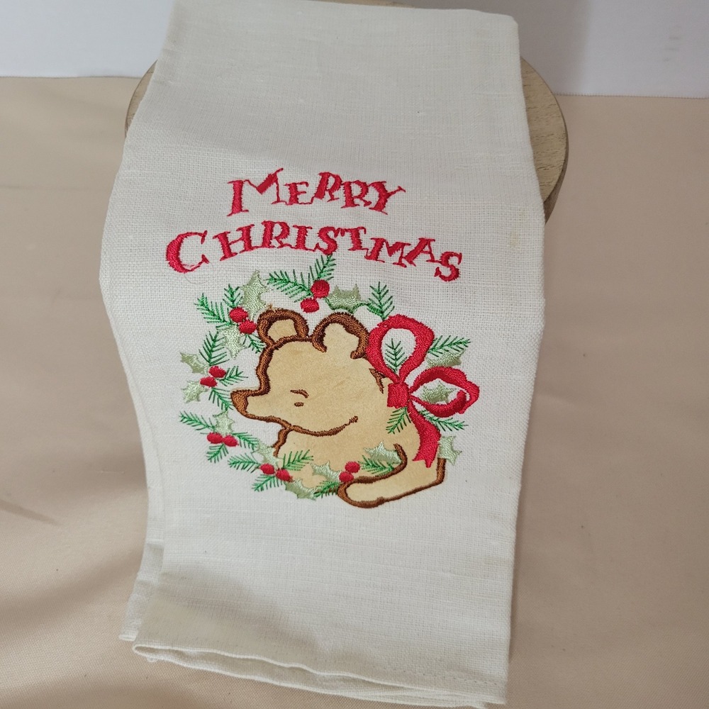 Disney Winnie the Pooh Merry Christmas Tea Towel Linen Cotton‎ Blend